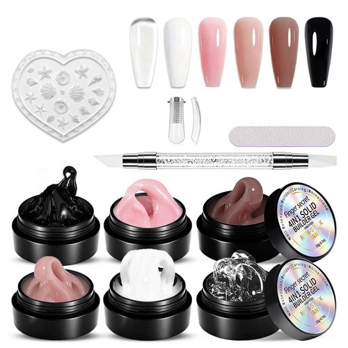 Finger Secret Non-Sticky Builder Gel Kit - 20g Solid Extension Gel for Nails with Forms, Base Coat, File, Silicone Brush & Molds - DIY Professional Nail Extension Kit (6 Color Set E)