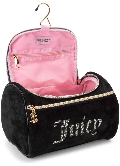 Juicy Couture Black Makeup Bag Cosmetics Organizer Travel Essentials Hanging Duffel Velour Rhinestones