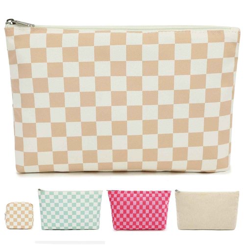 Fammart Checkered Makeup Bag, Travel Cosmetic Bag Organizer Toiletry Bag Make Up Bags with Zipper & Compartments for Women Girls