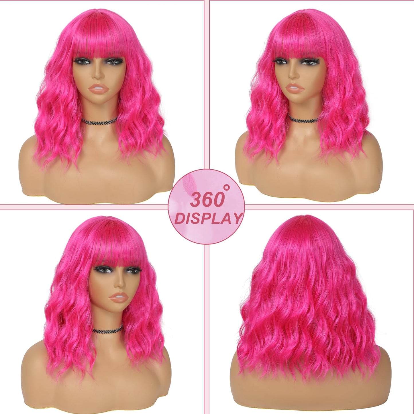 BEAUTIFA Pink Wig with Bangs for Women 14 Inch Shoulder Length Hot Pink Wigs Short Bob Wavy Curly Wig Heat Resistant Synthetic Colorful Wig