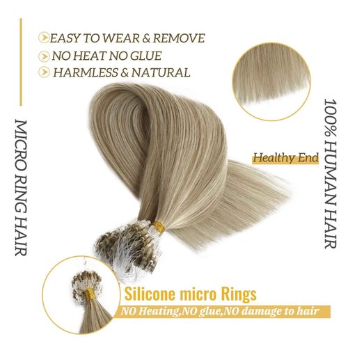 Real Human Hair Microbead Extensions 20 Inch Micro Ring Color #18 Ash Blonde With #60 Platinum Blonde Highlights 50g/50s Remy Straight