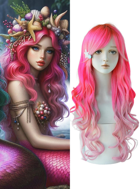 7JHH WIGS Long Wavy Costume Wigs Cosplay Mermaid Light Pink Ombre Wig for Women Halloween Party Used High Temperature Heat Resistant Fiber Natural Hairline Cos Wig…