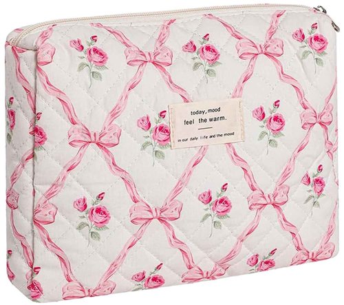 Dkieuyu Quilted Makeup Bag,Bow Makeup Bag,Cotton Makeup Bag Set for Women,Travel Makeup Bag,Large Toiletry Cosmetic Bag Makeup Bag Organizer for Women Girls (M5-1PC)