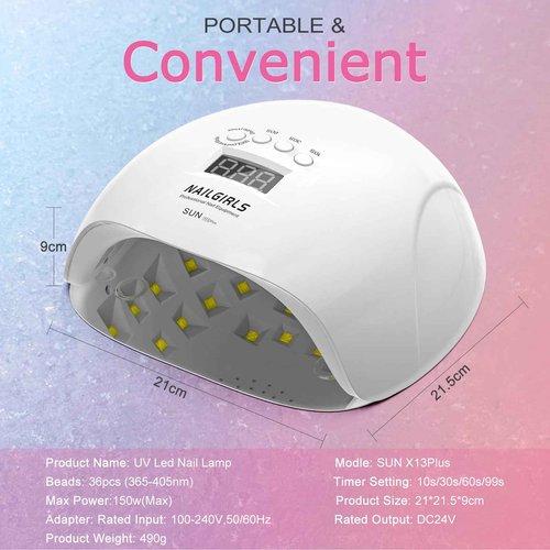 NAILGIRLS 150W UV LED Nail Lamp with Auto Sensor - Fast Curing Gel Polish Acrylic Nail Dryer, UV Nail Light 4 Timer Settings, 36 LED Beads and Automatic Sensor for Home Salon Use