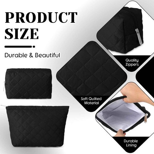 Huhumy 2 Pcs Pencil Case Quilted Makeup Bag Aesthetic Cosmetic Pouch for Women Puffer Travel Toiletry Bag Set Cotton Small Purse Pouch Makeup Organizer with Zipper(Black)
