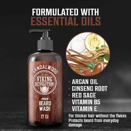 Viking Revolution Beard Wash Shampoo w/Argan & Jojoba Oils - Softens & Strengthens - Sandalwood Scent - 17 oz Shampoo