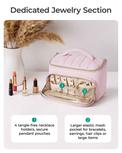 BAGSMART Travel Makeup Bag with Jewelry Organizer, Portable Make Up Bag, Puffy Wide-Opening Cosmetic Storage Pouch for Women’s Toiletries and Travel Essentials (Black)