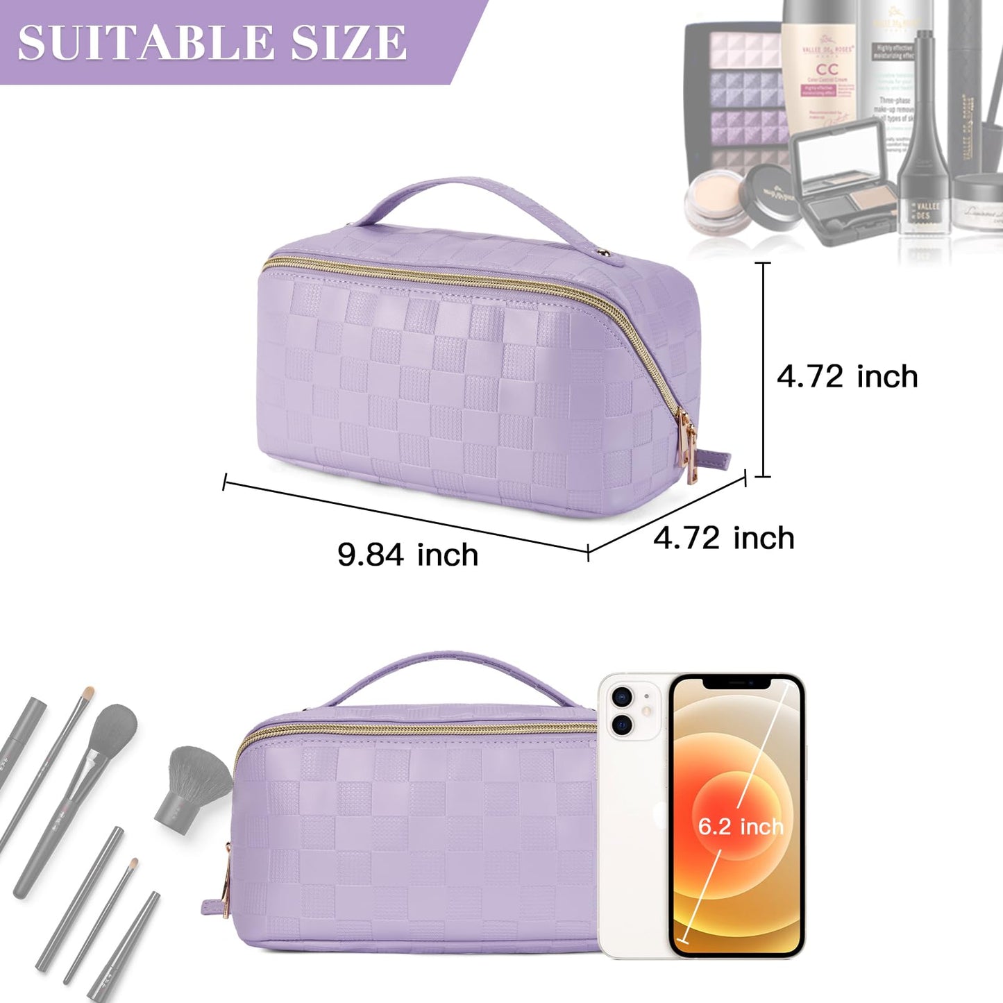 Telena Makeup Bag Large Capacity Travel Cosmetic Bag Portable PU Leather Water Resistant Makeup Organizer Bags for Women with Handle and Divider Open Flat