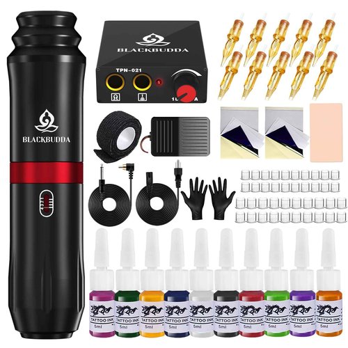 Tattoo Gun Kit for Beginners, Rotary Pen with Power Supply, Professional Ink Kit, Foot Pedal & Pigment, Light Tattoo Gun 10pcs Cartridge Needles,Complete Starter Set (Black)