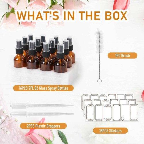 Jaisie.W 60ml Glass Spray Bottles with Fine Mist Sprayer 16Pack, Small Amber Glass Spray Bottles 2 oz for Perfumes,Cleaning Products,Pet Spray (2fl.oz, Set of 16)