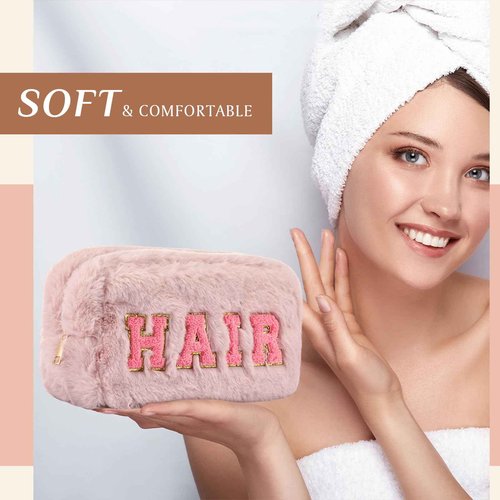 Paterr 4 Pieces Preppy Makeup Bag Chenille Letter Faux Fur Fluffy Bag Preppy Stuff Face Skin Hair Stuff Cute Toiletry Cosmetic Travel Bags Pouch with Zipper for Girls Women(Pink Brown)