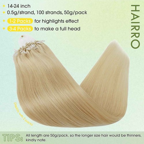 Hairro Microlink Hair Extension Remy Keratin Itip Micro Bead Fusion Hair Micro Loop Micro Link Beads Brazilian I Tipped Remy Hairpiece For Women 14 inch 50g 100 Strands #613 Light Blonde