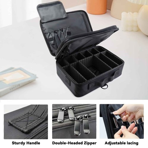 SLUMAZI Travel Makeup Bag Makeup Cosmetic Train Case Organizer Portable Storage Bag with Adjustable Dividers for Cosmetics Makeup Brushes Toiletry Jewelry Black Medium