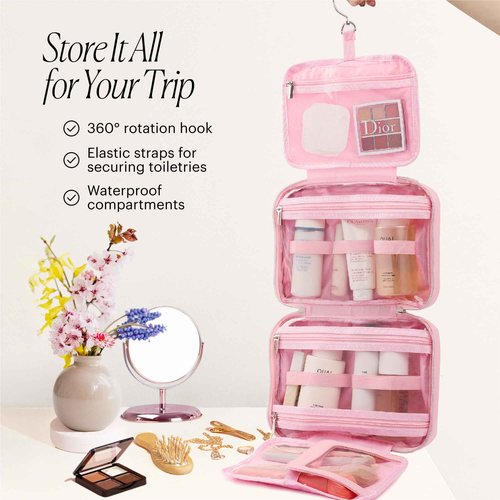 Pink Hanging Toiletry Bag for Women, Large Hanging Toiletry Bags for Traveling Women, Hanging Travel Toiletry Bag Women's Makeup Organizer for Cosmetics, Cute Large Toiletry Bags for Women Bathroom