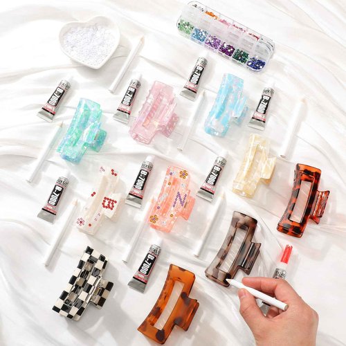 Yuxung 10 Sets DIY Hair Claw Clips Kit Acrylic Claw Clip with Resin Rhinestones Pearls Little Jewelry Decor for Girl's Night Sleepovers Party Supplies Aesthetic Hairpin for Women Adult Craft DIY