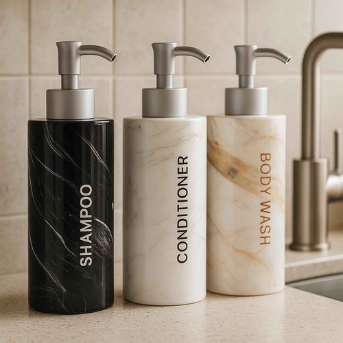 Refillable Shampoo, Conditioner and Body Wash Pump Dispenser Bottles 3pcs 17oz - Empty Pump Dispensers - 3 Chamber No Drill - Soap Bottles, Adhesive Strips, Funnel - Wall Mounted