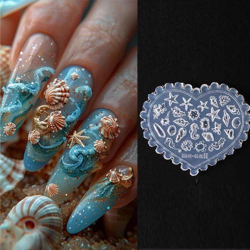 3D Nail Art Molds Mini Size Silicone Mold Ocean Themed Sea Shell Starfish Conch Turtle Seahorse Carving Template Resin Mould for Jewelry Making Embossed Stencils