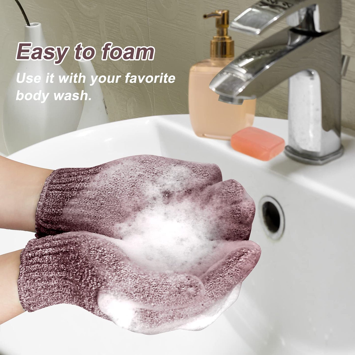 MIG4U Shower Exfoliating Scrub Gloves Medium to Heavy Bathing Gloves Body Wash Dead Skin Removal Deep Cleansing Sponge Loofah for Women and Men (1 Pair, Purple-brown)