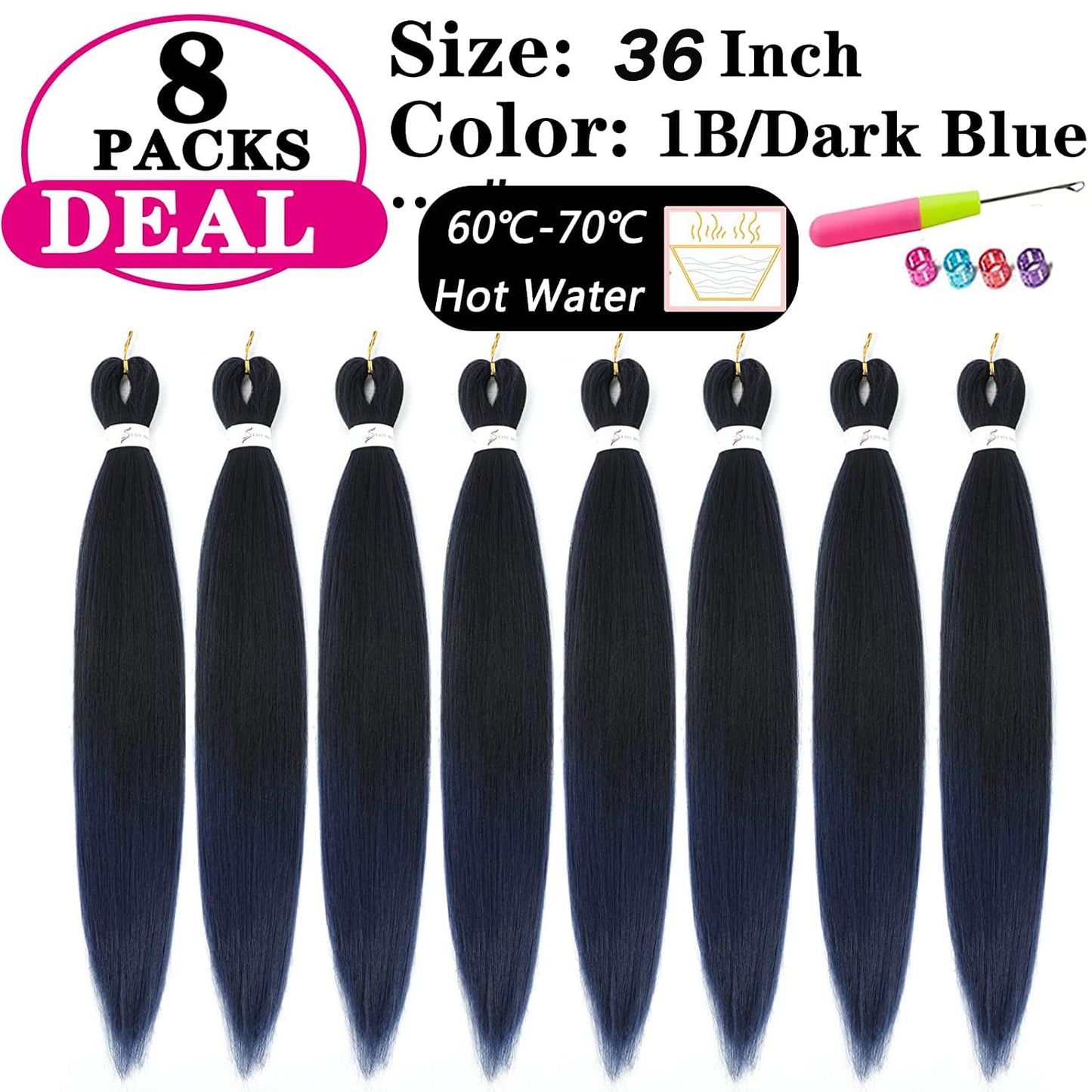 Braiding Hair Pre Stretched - Ombre Pre Stretched Braiding Hair 36 Inch Braiding Hair Soft Yaki Texture 8 Packs Crochet Hair Extensions Braids for Black Women (36 Inch(8Packs), Black/Dark Blue)