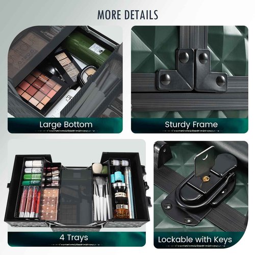 FRENESSA Makeup Case Makeup Box Cosmetic Train Cases Portable Make Up Artist Travel Case Storage Box 4 Trays with Dividers Lockable Hard Makeup Box Craft Nail Kits Case Drak Green