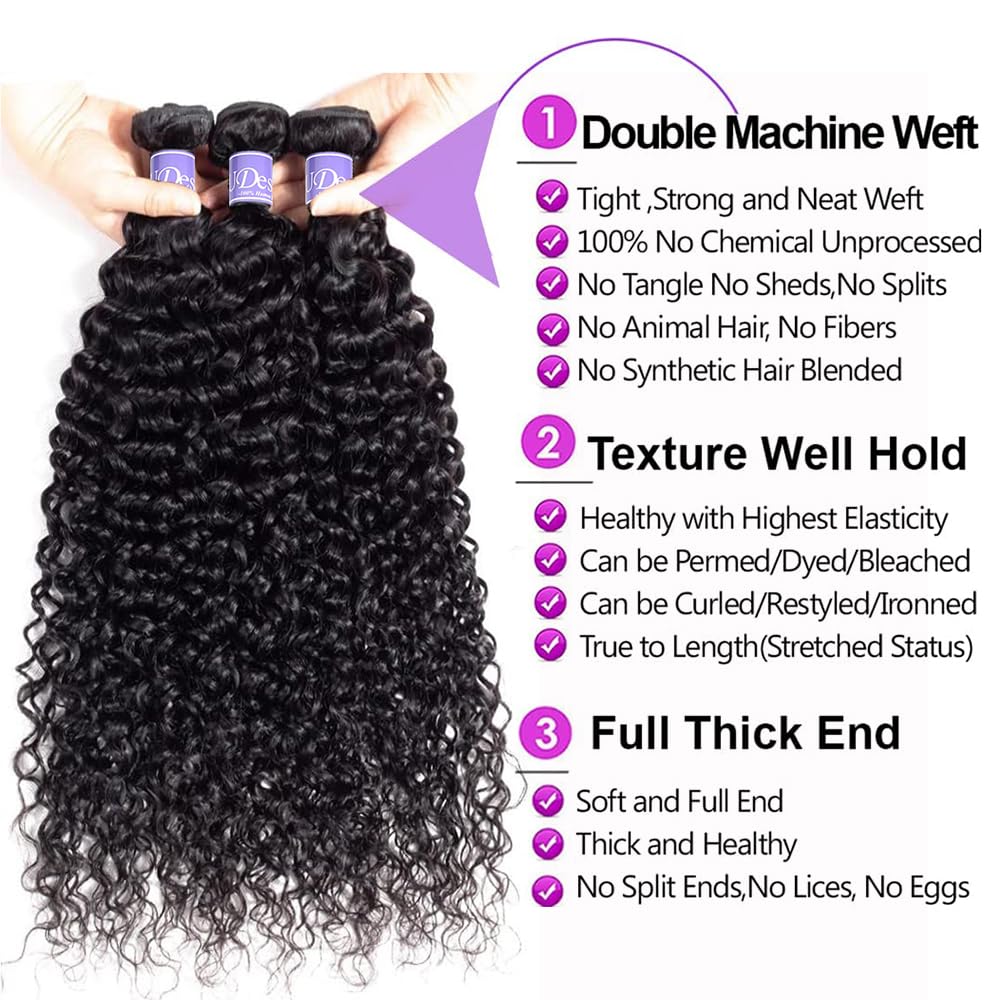 Curly Bundles Human Hair 3 Bundles 12A Grade Virgin Hair Weave Bundles Jerry Curly Wave 100% Unprocessed Hair Extensions Natural Black Color 18 20 22 inch 285g/pc