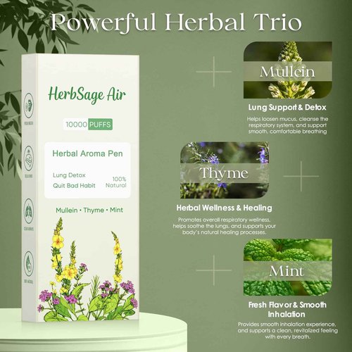 Re-engineered Mullein Herbal Diffuser Pen - ULTRA-LONG Up to 10,000 Uses | All-Natural with Mullein, Thyme & Mint for Lung Cleansing, Freshens Breath & Quitting Bad Habit