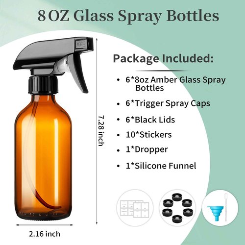 GIVAMEIHF 8oz Amber Glass Spray Bottles,6 Pack Glass Spray Bottles Refillable Empty Bottle with Adjustable Nozzle,Spray Bottle for Essential Oils,Cleaning Solutions,Pets,Hair Mister,Gardening
