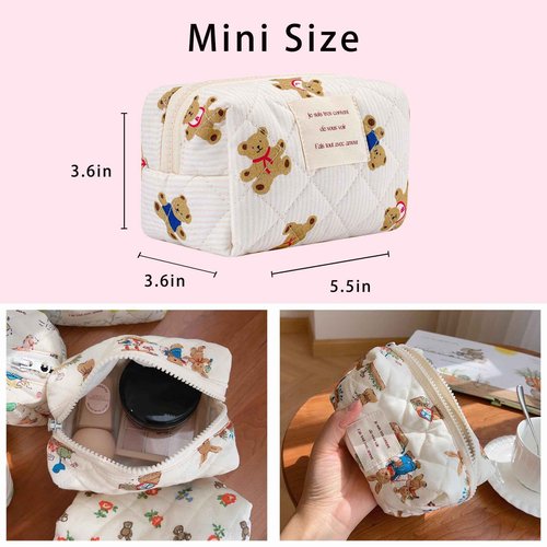 uekeboag Cute Small Quilted Cotton Makeup Pouch for Women and girls,Coquette Quilted Toiletry Bag,Animal Coquette Mini Bag, Kawaii Travel Cosmetic Bags(01Little Bear)