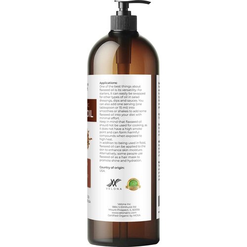 velona USDA Certified Organic Flaxseed Oil - 32 Fl Oz | 100% Pure and Natural Carrier Oil | Unrefined, Cold Pressed |Body, Face & Skin Care | Use Today - Enjoy Results…