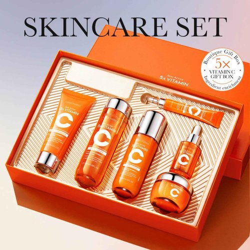6PCS 5x Vitamin C Skincare Set with Niacinamide – Includes Cleanser, Toner, Serum, Eye Cream, Face Cream & Lotion – Hydrating 5 Heavy Vitamin C Korean Skincare Gift Kit for Women