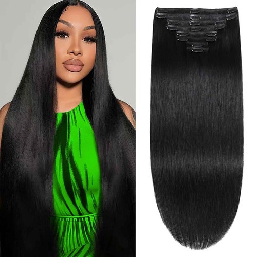 Jet Black Clip in Hair Extensions Real Human Hair 14inch Human Hair Clip in Extensions Black Human Hair Extensions Clip ins 100% Brazilian Remy Human Hair for Women Straight 8pcs Double Weft