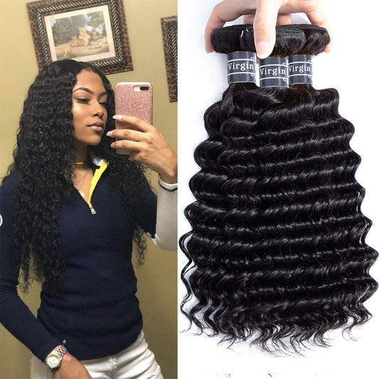 Amella Hair 8A Grade Brazilian Hair Deep Wave Virgin Human Hair Extensions Brazilian Deep Wave Hair Weave 3 Bundles Unprocessed Natural Black Color 12 14 16inch