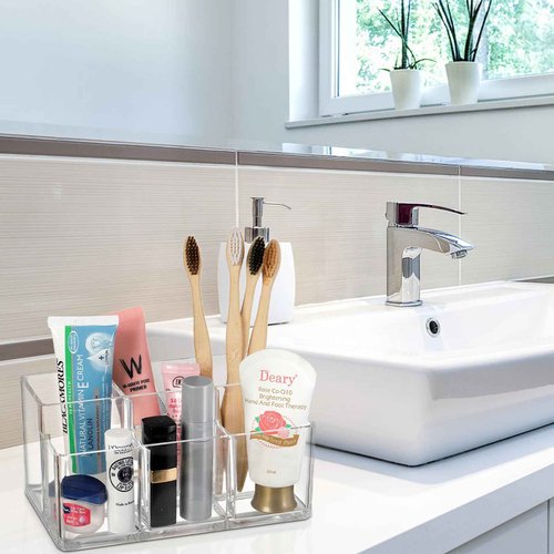 Foraineam 2 Pack Acrylic Makeup Brushes Holder with 6 Slots, Clear Pen Pencil Organizer Desktop Stationery Storage Container, Vanity Cosmetic Eyeliners Eyebrow Pencil Display Case