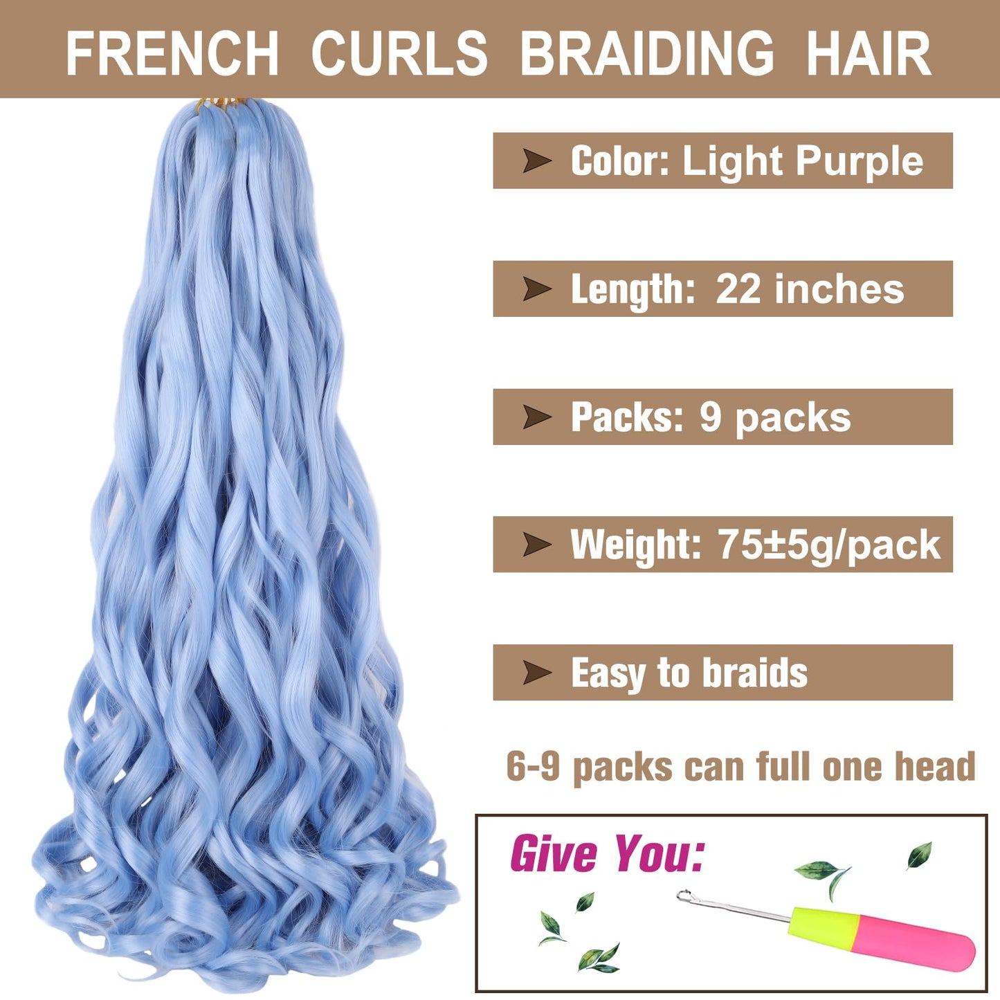 COOKOO 9 Packs Pre Stretched French Curly Braiding Hair 22 Inch Spiral Curls Braid Hair with Curly Ends Spanish Curly Braiding Hair Loose Wavy Synthetic Hair Extensions for Black Women(Baby Blue)