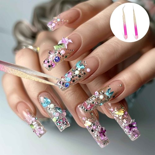 2 Pcs Double Ended Nail Art Tweezers with Silicone Pressing Head - Straight & Curved Tip Stainless Steel Tweezers for Eyelash Extensions & Nail Art Stickers