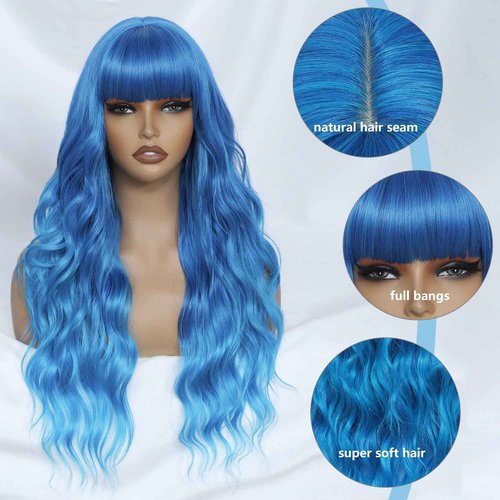 Ombre Blue Wig with Bangs for Women, Long Wavy Blue Wig 26 Inch Wigs Heat Resistant Synthetic Colorful Wig