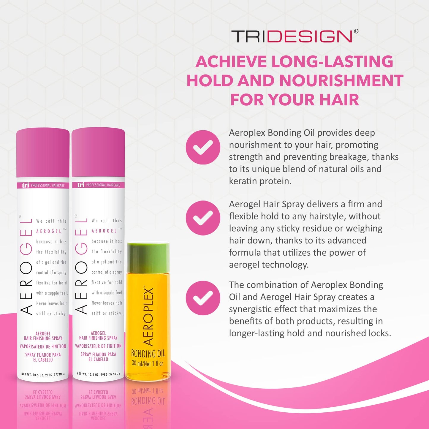 TRI Design Aeroplex Bonding Oil & Aerogel Hair Spray Bundle - Repair & Prevent Breakage for Dry, Damaged & Frizzy Hair, Finishing Spray - 1 Bonding Oil + 2 Hair Spray