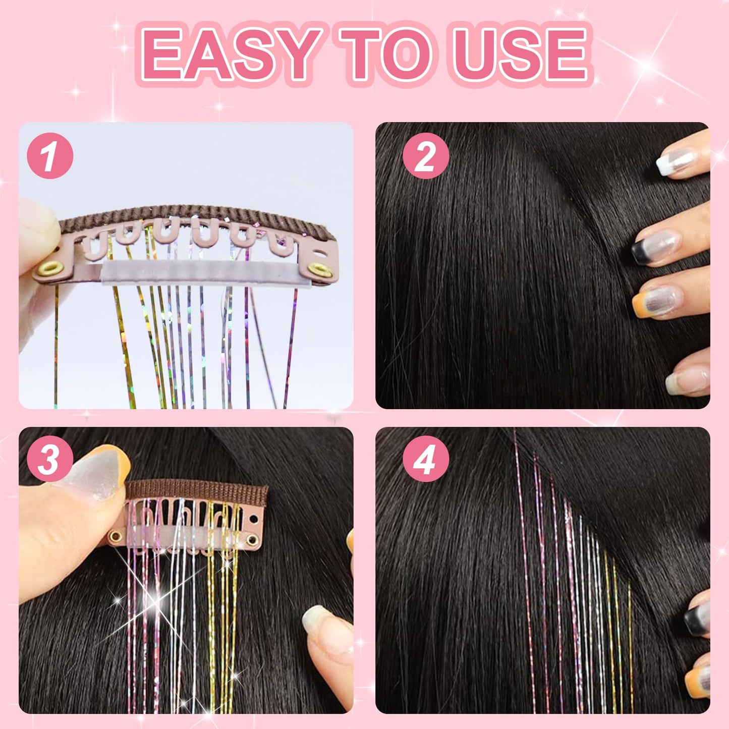 Huyerdo 12PCS Clip in Hair Tinsel Kit, 20.8 Inch Clip on Hair Tinsel Heat Resistant, Fairy Tinsel Hair Extension for Festival Gift Party, Dazzle Hair Accessories for Women Girls Kids