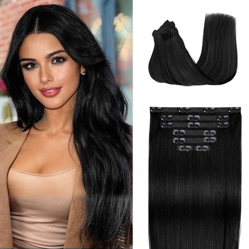 Fimislosion Real Hair Extensions Clip in Human Hair, Seamless Clip in Hair Extensions Real Human Hair, 14 Inch Clip ins extensions for women, Natural Black 120G 7Pcs