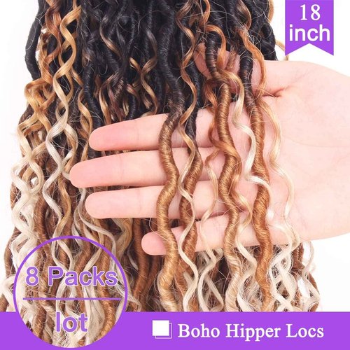 ZRQ 8 Packs Goddess Locs Crochet Hair 18 Inch Ombre Boho Faux Locs Crochet Braids 613, 3 Tone Pre Looped Bohemian Locs River Soft Locs Crochet Hair Synthetic Boho Faux Locs 1B27613#