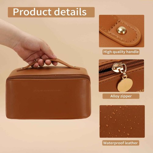 zaleeta 3 Pcs Travel Makeup Bag Portable Large Capacity Cosmetic Bags for Women Open Flat Makeup Case Organizer Bag Set of 3 Waterproof PU Leather Toiletry Bags with Divider and Handle (Brown, Medium)