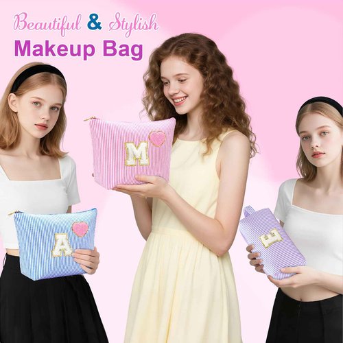 YILANCOL Initial Makeup Bag Personalized Preppy Cosmetic Bag Trendy Toiletry Travel Bag For Teen Girls Kids Women Letter Makeup Pouch Purse Holiday Gifts Birthday Christmas Gifts 2pack (K, Blue)