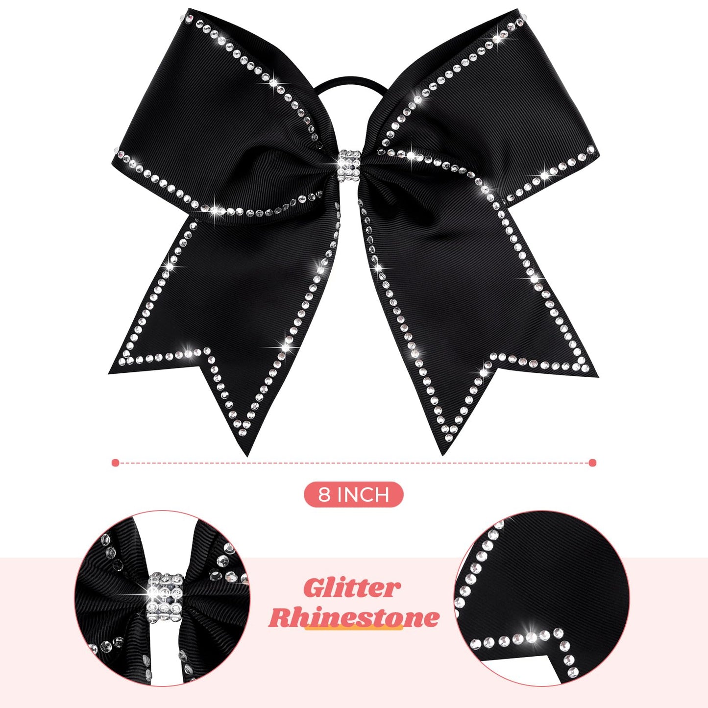 CEELGON 8" Large Rhinestones Cheer Bows 12 PCS Glitter Cheer Bows Handmade Elastic Band Girls Hair Bows for Cheerleaders Girls Softball Sports Competition (Black)