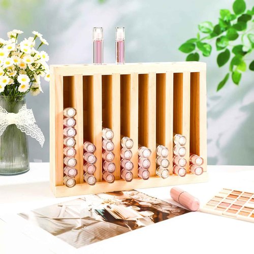 Wonderjune Wooden Lipsticks Holder 0.7 inch Lip Balm Tube Holder Lip Gloss Organizer Display Wood Lipsticks Tube Tower Organizer for Market Craft Booth Room Display (8 Slot)