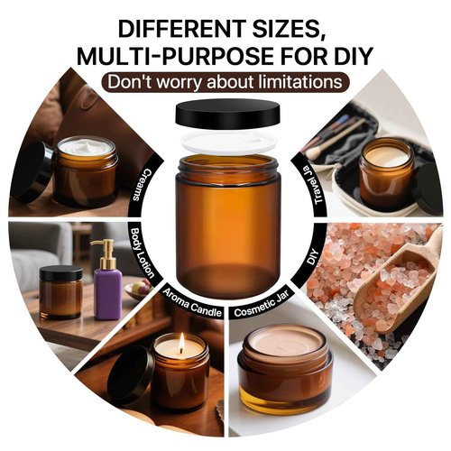 8oz, 4oz, 2oz and 1oz Amber Glass Jars with Lids, 8-Pcs Amber Jars with Inner Liners, Round Dark Jars for Making Candle, Cosmetice Container, Lotion Jar, with Sticker and 8p Spatulas