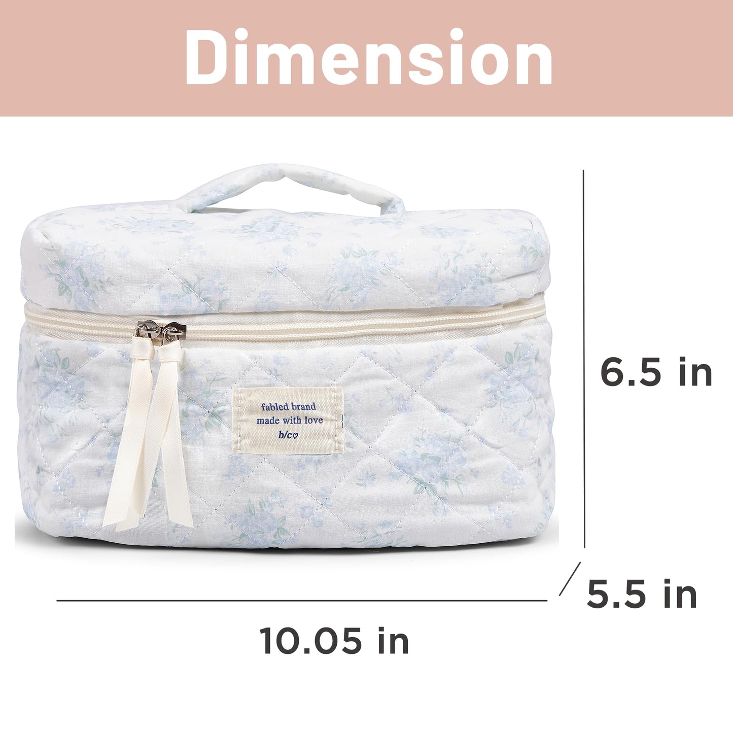 Sminra Makeup Bag Large Travel Quilted Cosmetic Makeup Bag Organizer, Floral Cotton Coquette Aesthetic Toiletry Bag for Women Girls (Blue Romantic Rose-L)