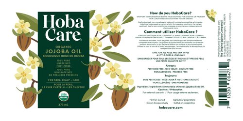 HobaCare Organic Jojoba Oil for Hair, Skincare, Face, Body, Scalp, Nails, Beard Care, Skin Massage - Unrefined Carrier Oil - 100% Pure, Hexane Free, Moisturizing (16 oz)