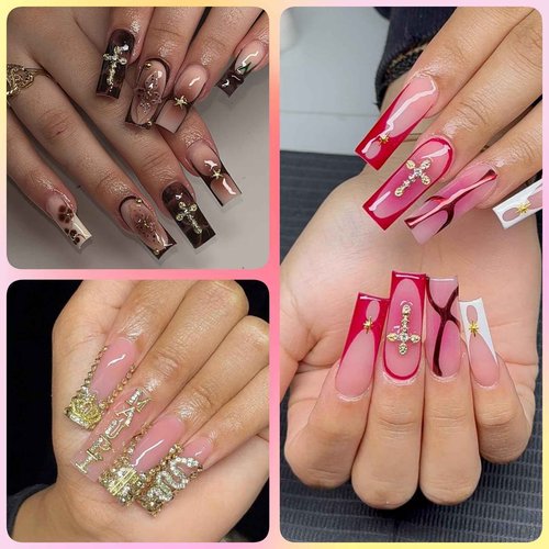 OPMADM 64 Pcs Gold Nail Charms and Gems Y2k Charms for Nails Design Metal Nail Jewels for Nail Art 3D Nail Bow Cherry Butterfly Star Cross Heart Money
