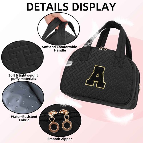 LYFFXYH Initial Travel Toiletry Bag, Personalized Cosmetic Bags Birthday Gifts for Women, Makeup Bag Organizer with Handle, Travel Bag for Toiletries with Brush Holder (A, Black)