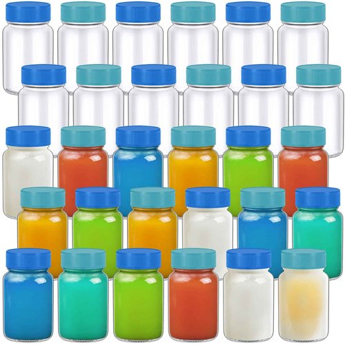 Ziliny 30 Pack 2 oz Glass Bottles with Lids Wide Mouth Juice Shot Bottles Clear Mini Round Jars Travel with Lids Small Containers for Liquids Juicing Ginger Leak Proof(Dark Blue, Light Blue)